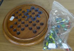 MAHOGANY CIRCULAR SOLITAIRE BOARD and MARBLES