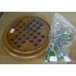 MAHOGANY CIRCULAR SOLITAIRE BOARD and MARBLES