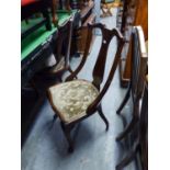 A PAIR OF EDWARDIAN MAHOGANY BOXWOOD STRUNG DRAWING ROOM CHAIRS, ALSO AN EASTERN CARVED DARK STAINED