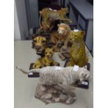 LARGE PAINTED RESIN GROUP, LEOPARD ON A GNARLED TREE STUMP, FEMALE AND TWO CUBS BELOW, 13" (33cm)