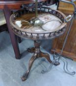 GEORGE III STYLE MAHOGANY CIRCULAR TRIPOD TABLE, WITH SPINDLED GALLERY BORDER, ON COLUMN AND