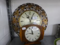 1960s METAMEC CIRCULAR WALL CLOCK, WITH PIERCED BRASS FLORAL CASE, BATTERY OPERATED AND ANOTHER