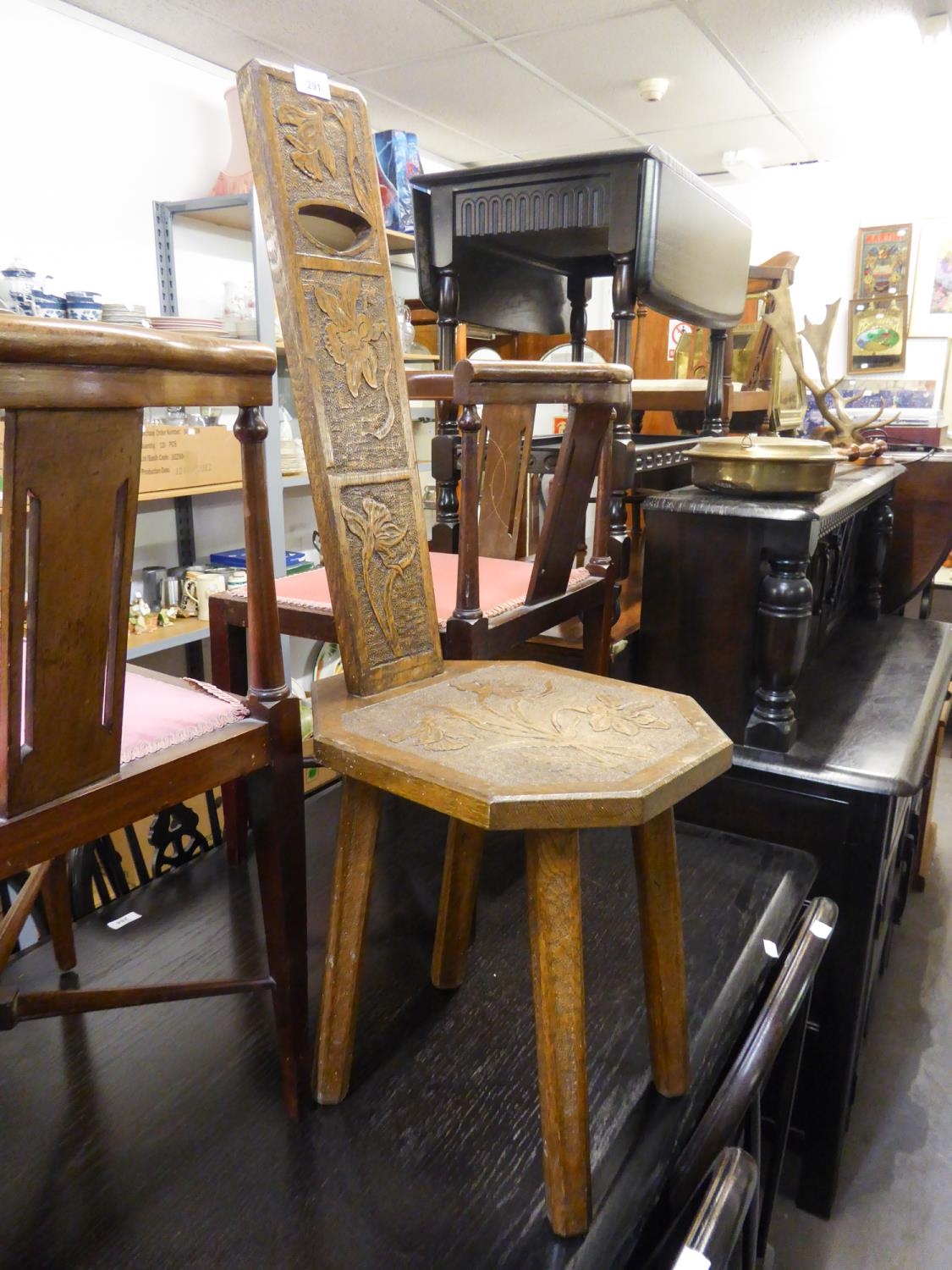 CARVED OAK SPINNING STOOL, with floral carved back and seat