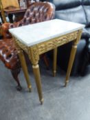 A SMALL GILT WOOD OBLONG HALL TABLE WITH MARBLE TOP, ON FOUR TURNED AND FLUTED TAPERING LEGS, 1?6?