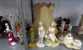 SUNDRY ORNAMENTS, MAINLY RESIN OR CERAMIC AND A RESIN FEMALE FIGURE TABLE LAMP AND SILK SHADE