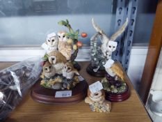 COUNTRY ARTISTS RESIN GROUP, BARN OWL PAIR WITH CRAB APPLES, ON OVAL WOOD EFFECT BASE; ANOTHER