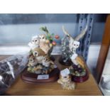 COUNTRY ARTISTS RESIN GROUP, BARN OWL PAIR WITH CRAB APPLES, ON OVAL WOOD EFFECT BASE; ANOTHER