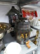 SMALL BARREL WITH TAP AND LABELLED 'ALE' AND A WOOD AND GLAZED LANTERN PATTERN TABLE LAMP (2)