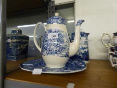 CAULDON BLUE AND WHITE POTTERY SMALL COFFEE POT AND MATCHING HOT WATER JUG, together with a