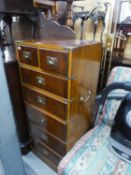 A REPRODUCTION CAMPAIGN CHEST OF TWO SMALL OVER FIVE LARGE DRAWERS, ALL WITH INSET BRASS HANDLES AND