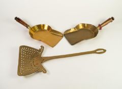 PAIR OF ANTIQUE BRASS HEARTH SHOVELS, with yewwood handles and an ANTIQUE BRASS CHESTNUT ROASTER