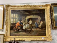 A COLOUR PRINT REPRODUCTION OF AN INN INTERIOR WITH FIGURES (FRAMED)