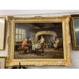 A COLOUR PRINT REPRODUCTION OF AN INN INTERIOR WITH FIGURES (FRAMED)