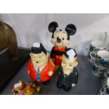 2 POTTERY FIGURE MONEY BOXES, AS LAUREL & HARDY AND A SOFT PLASTIC MICKEY MOUSE SQUEAKY TOY (3)