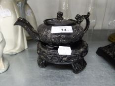 19th CENTURY BLACK BASALT SMALL,SQUAT, CIRCULAR TEAPOT (AS FOUND) AND A BLACK GLAZED POTTERY