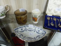 ROYAL DOULTON WALDORF DISH; A ROYAL COMMEMORATIVE CUP JUNE 22nd 1911 AND A CORONATION BEAKER JUNE