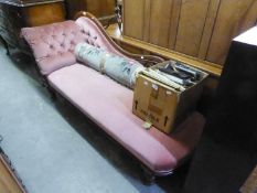 VICTORIAN MAHOGANY CHAISE LONGUE, the show-wood frame covered in pink plush