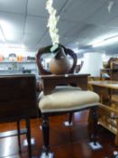 A SINGLE VICTORIAN MAHOGANY SPOON BACK CHAIR AND A LOW WOODEN STAND, AND A MODERN VASE OF FAUX