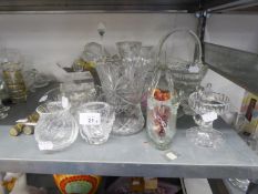 CUT GLASS TWO-PART CANDLE LAMP, VARIOUS CUT GLASS VASES AND FRUIT BOWLS, ETC.