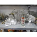 CUT GLASS TWO-PART CANDLE LAMP, VARIOUS CUT GLASS VASES AND FRUIT BOWLS, ETC.