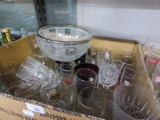 2 GLASS DECANTERS AND A LARGE QUANTITY OF WINE GLASSES AND TUMBLERS (2 BOXES)