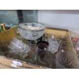 2 GLASS DECANTERS AND A LARGE QUANTITY OF WINE GLASSES AND TUMBLERS (2 BOXES)