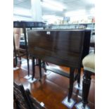 A GOOD QUALITY MAHOGANY SUTHERLAND TABLE, STANDING ON SQUARE LEGS WITH SLATTED SUPPORTS