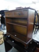 A REPRODUCTION MAHOGANY OPEN BOOKCASE WITH TWO DRAWERS