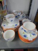 GRAFTON CHINA PRE-WAR PART TEA AND SANDWICH SERVICE, HAND PAINTED WITH FLOWERS, ORANGE EDGES, 30