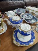 FIVE PIECE NINETEENTH CENTURY ENGLISH PORCELAIN TEA SET, with blue and gilt floral borders,