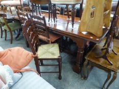 A MODERN REPRODUCTION HARDWOOD REFECTORY DINING TABLE (7' x 3') AND SIX LADDER BACK RUSH SEATED