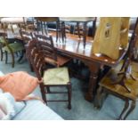 A MODERN REPRODUCTION HARDWOOD REFECTORY DINING TABLE (7' x 3') AND SIX LADDER BACK RUSH SEATED