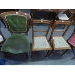 A SINGLE VICTORIAN OAK CHAIR, WITH BUTTON BACK, ON TURNED FRONT SUPPORTS AND TWO BEDROOM CHAIRS (3)