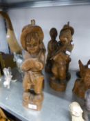 CARVED WOOD BIG BAND OF FIVE FIGURES AND A PAIR OF THAI CARVED WOOD BUSTS OF A MAN AND A WOMAN, 8