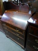 A REPRODUCTION MAHOGANY INLAID FALL-FRONT BUREAU WITH SHELL DESIGN, AND FOUR DRAWERS BELOW, THE