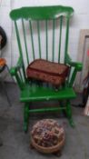 A GREEN PAINTED HARD WOOD COMB-BACKED ROCKING ARMCHAIR AND CIRCULAR STOOL (2)