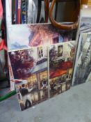 OIL PAINTING ON CANVAS  FRENCH STREET SCENE  39" X 29" (UNFRAMED)  AND TWO COLOUR BLOCK PRINTS