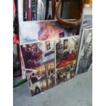 OIL PAINTING ON CANVAS  FRENCH STREET SCENE  39" X 29" (UNFRAMED)  AND TWO COLOUR BLOCK PRINTS