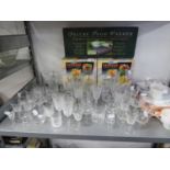 QUANTITY OF CUT GLASS STEM WINE GLASSES AND TUMBLERS; A SET OF FOUR DARTINGTON GLASS WHISKY TUMBLERS