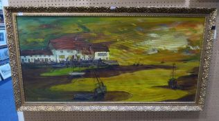 ASHMORE (1973)  OIL PAINTING ON BOARD  HARBOUR SCENE AT LOW TIDE  20" X 40"  AND TWO OTHER OILS,