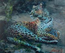 ROLF HARRIS (b.1930) ARTIST SIGNED LIMITED EDITION COLOUR PRINT Leopard Reclining at Dusk, (188/