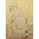 ERNEST WARNER TWO UNSIGNED MIXED MEDIA WORKS Seated female portrait with a cat at her feet ?Man U-
