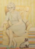 ERNEST WARNER TWO UNSIGNED MIXED MEDIA WORKS Seated female portrait with a cat at her feet ?Man U-