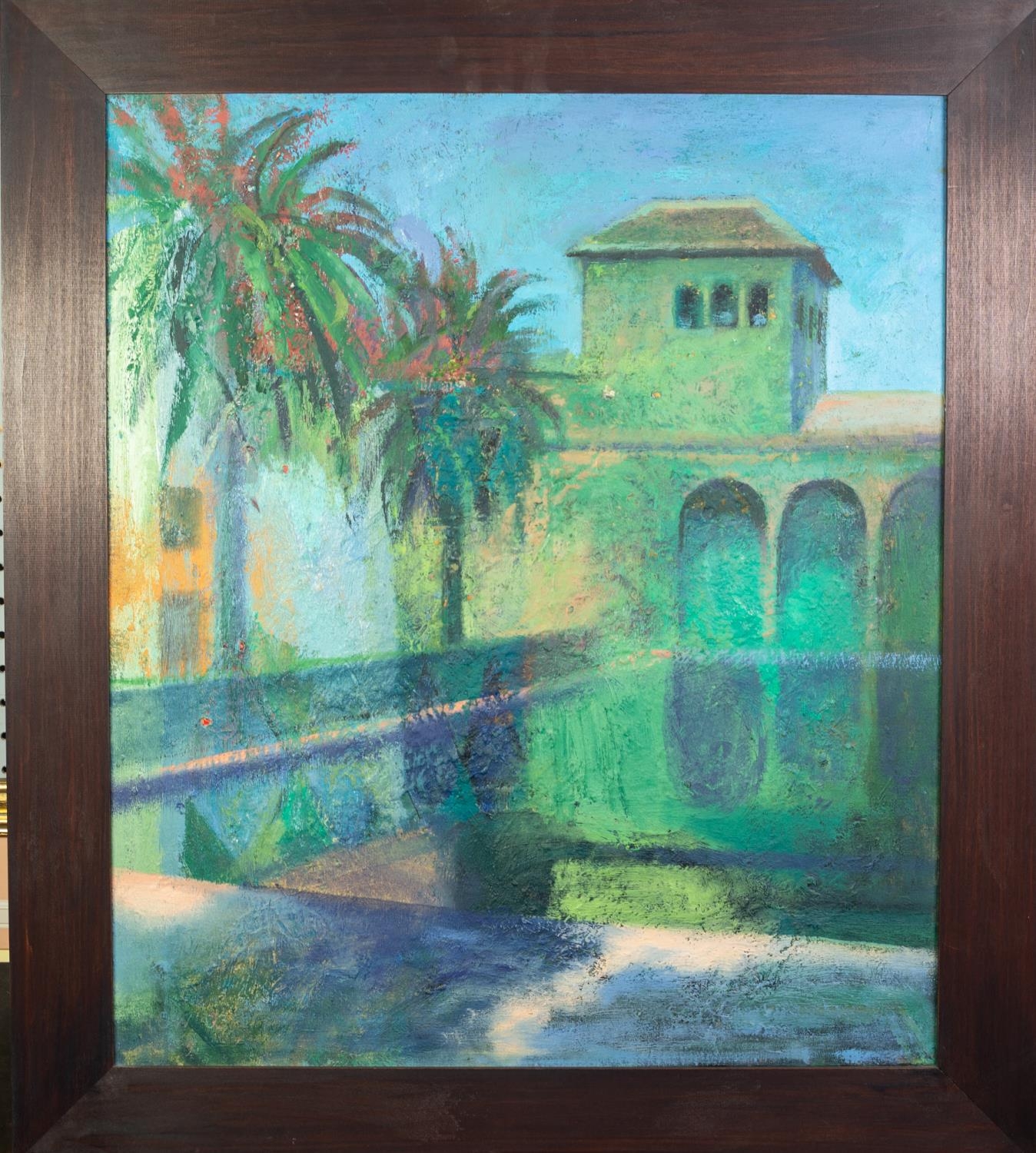 NICK WILLIAMS (MODERN) IMPASTO OIL ON CANVAS LAID ON BOARD Middle Eastern courtyard with palm - Image 2 of 2