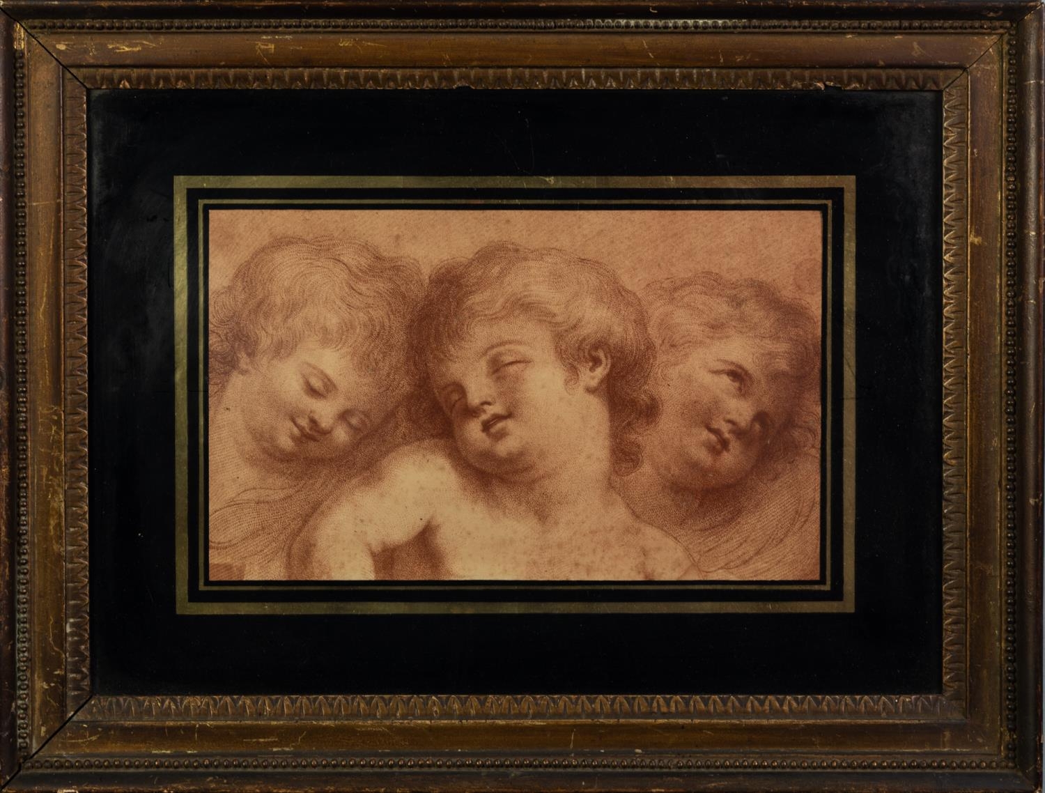 PROBABLY LATE 18th CENTURY STIPPLE ENGRAVING PRINTED IN BISTRE Three cherubic heads Contained in a - Image 2 of 2