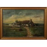 UNATTRIBUTED (NINETEENTH CENTURY) OIL PAINTING Rural landscape with farm building and a maid with