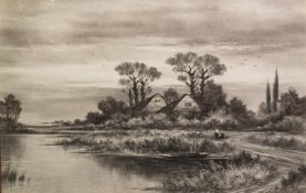 (?) RODGERS (NINETEENTH/ TWENTIETH CENTURY) CHARCOAL DRAWING River landscape with figures and