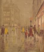 B. WOOLLEY (20th Century) TWO PASTEL DRAWINGS Christmas Shppers in Manchester, Albert Square in