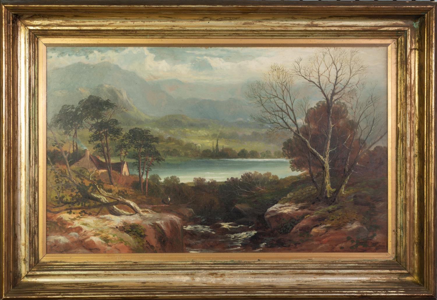 UNATTRIBUTED (NINETEENTH CENTURY) OIL ON CARD Highland lake scene with figure and cottage in the - Image 2 of 2