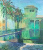 NICK WILLIAMS (MODERN) IMPASTO OIL ON CANVAS LAID ON BOARD Middle Eastern courtyard with palm